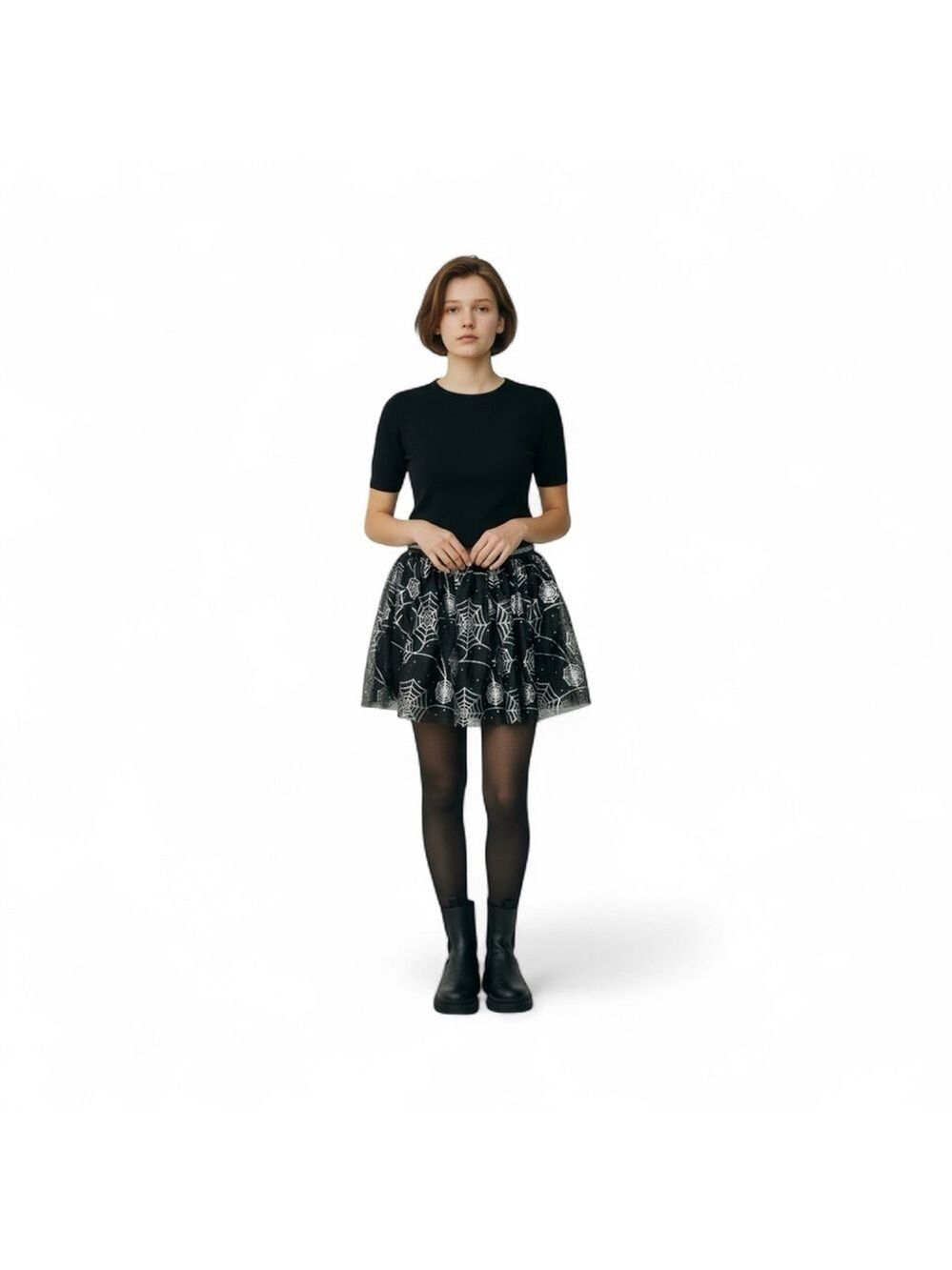Cobweb Metallic Mesh Halloween Skirt Black Silver Girls L 10-12